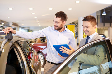 Poster - happy man with car dealer in auto show or salon