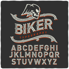 Wall Mural - Biker style dirty letters alphabet with wings skull emblem. Dark Background.