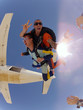 Skydiving tandem jump. The instructor smiled. The student shouts.