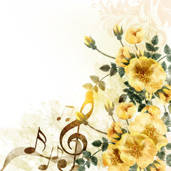 Wall Mural - Romantic music background with yellow roses in vintage style