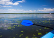 Blue paddle lying on kayak. Kayaking on a river