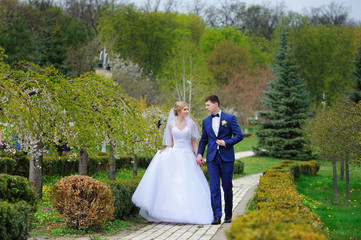 Bride and groom walking on the spring park