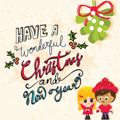 Wall Mural - Cute Christmas Couple on a Textured Background with Mistletoe