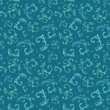 Vector Vintage Blue Green Swirls Leaves Seamless Pattern