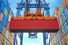 Shore Crane Loading Containers In Freight Ship