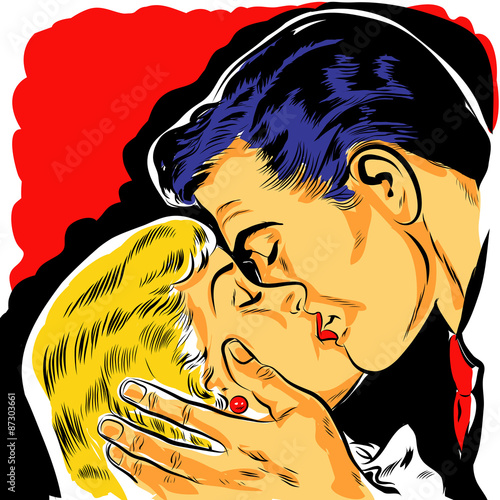 Naklejka dekoracyjna pop art couple amoureux baiser dessin couleur