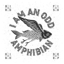 T-shirt Print With Mythological Flying Fish And Slogan "I Am An Odd Amphibian"