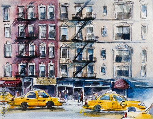 Nowoczesny obraz na płótnie Busy New York street. Watercolor sketch