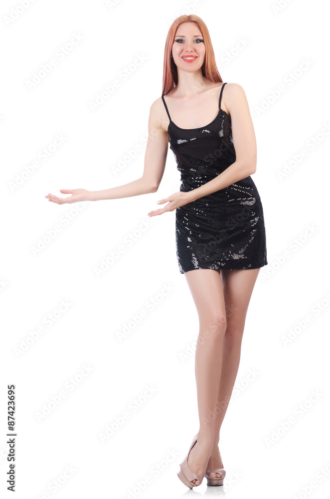 Young tall woman in black dress isolated on white Stock Photo | Adobe Stock