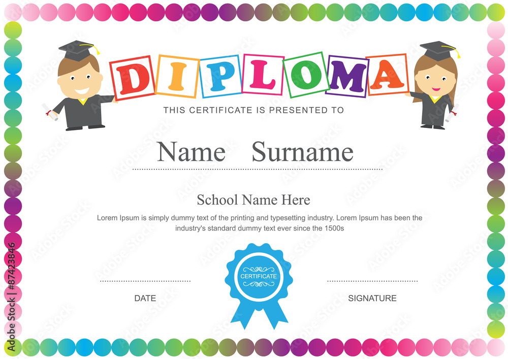 Preschool kids diploma certificate design template background Stock ...