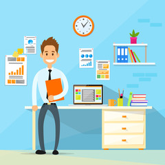 Wall Mural - Business Man Desk Office Working Place Flat Vector 