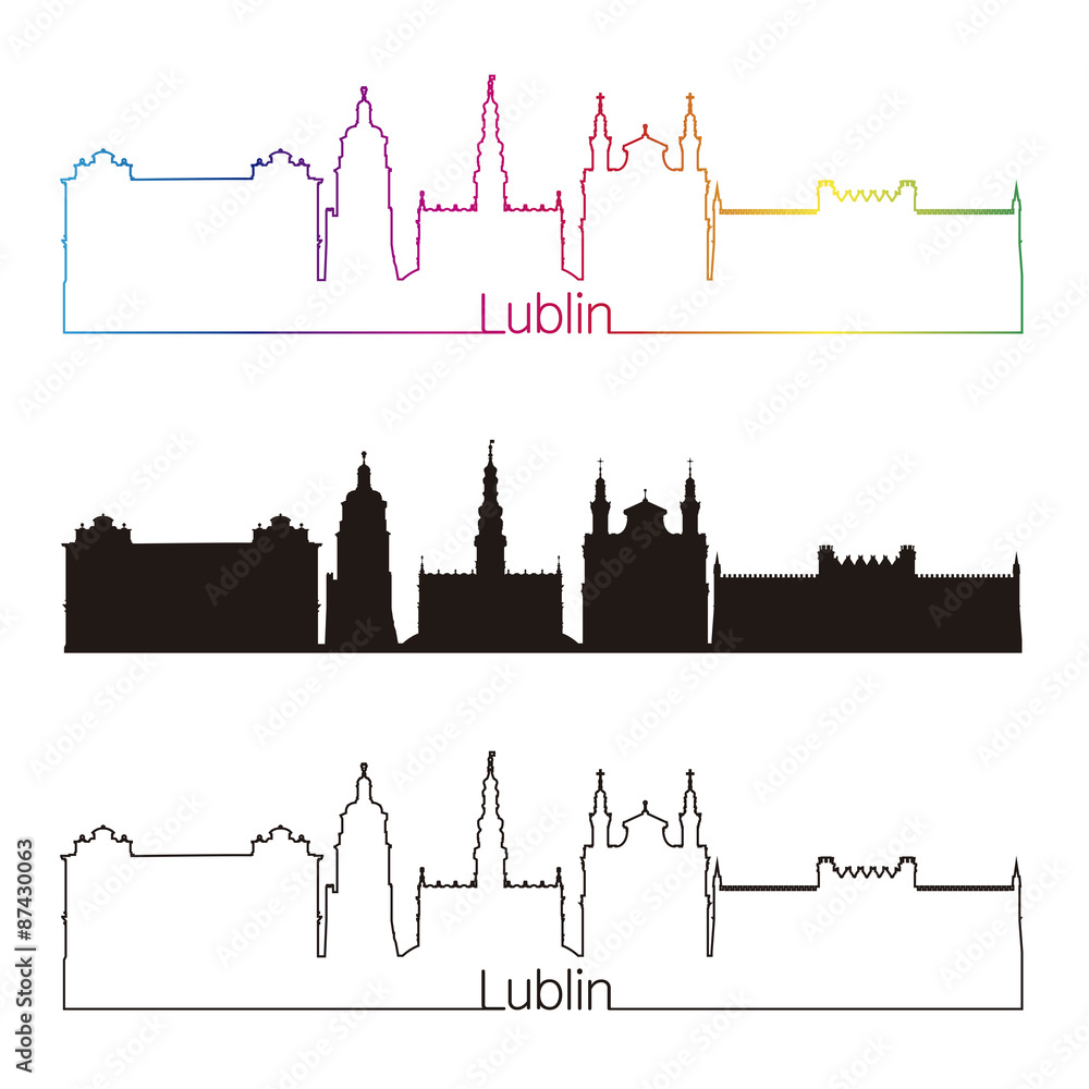 Lublin skyline linear style with rainbow - obrazy, fototapety, plakaty 