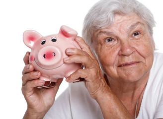 Wall Mural - Elder woman shaking funny piggybank