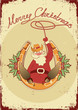 Santa sit on horseshoe with cowboy lasso on vintage poster