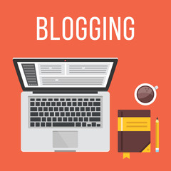 Wall Mural - blogging. laptop, notepad, pencil and coffee cup. top view. flat design illustration concept