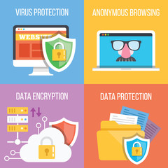 Wall Mural - virus protection, anonymous browsing, data encryption, data protection concepts. set of four trendy 