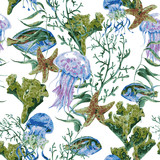 Summer Vintage Watercolor Sea Life Seamless Pattern on white