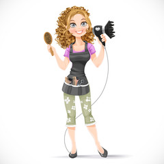 Cute girl hairdresser with hair dryer and hairbrush portrait in