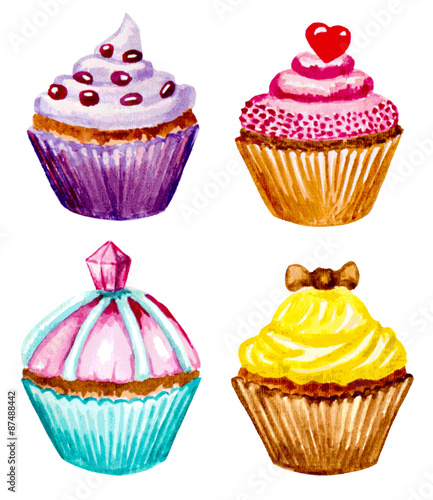 Obraz w ramie set of cupcakes with cream. vectorized watercolor illustration
