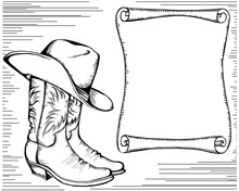 Western Background With Cowboy Boots And Scroll For Text.Graphic
