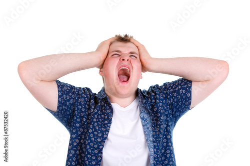 Closeup Portrait Of Angry Frustrated Man Pulling His Hair Out