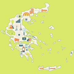 Contour map of Greece with icons of technology, business, science, communication