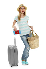 Poster - Woman holding suitcase, isolated on white