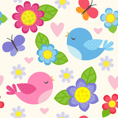 Fototapete - Seamless vector pattern with blue and pink birds and flowers