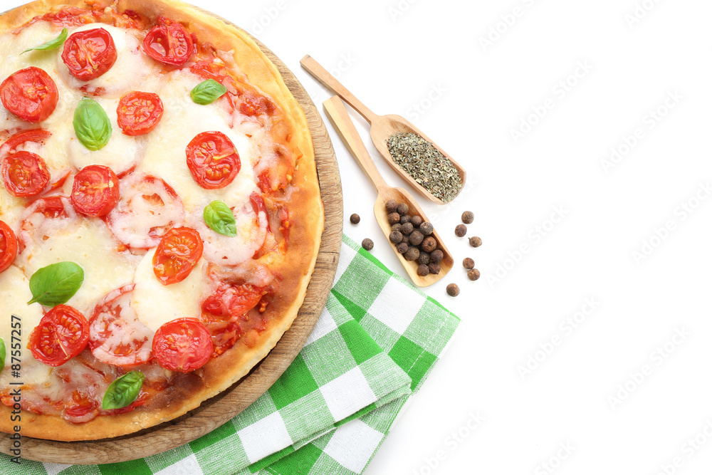 Delicious pizza with cheese and cherry tomatoes isolated on white