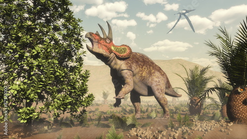 Fototapeta na wymiar Triceratops eating at magnolia tree - 3D render