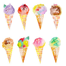 Set With Bright, Tasty And Appetizing Ice Cream Painted In Watercolor On A White Background