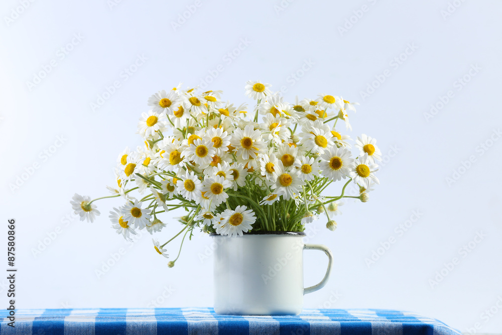 Beautiful bouquet of daisies in cup on light background