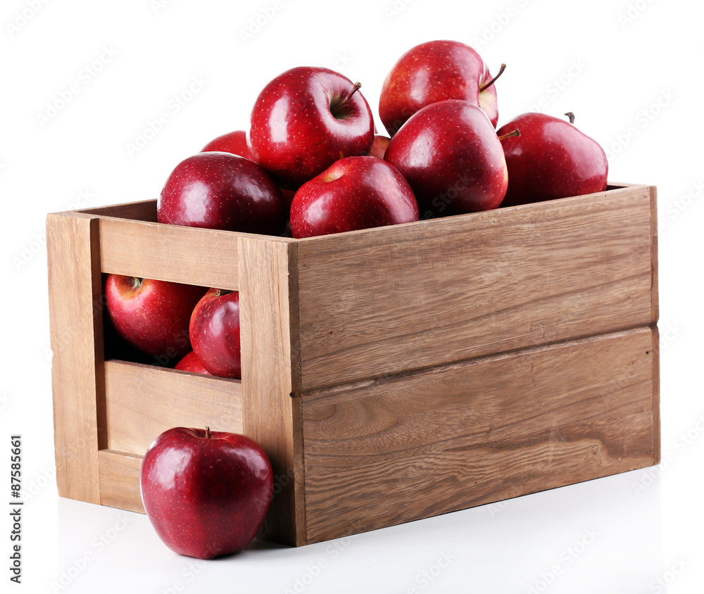 Red apples in wooden crate isolate on white