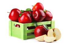 Red Apples In Wooden Crate Isolate On White