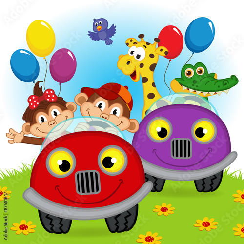 Obraz w ramie animals traveling in cars - vector illustration, eps