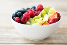 Close Up Of Fruits And Berries In Bowl On Table