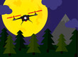 Flying drone night forest scene with fullmoon vector flat illustration