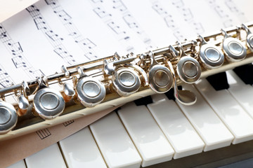 Wall Mural - Flute and piano with music sheet close up