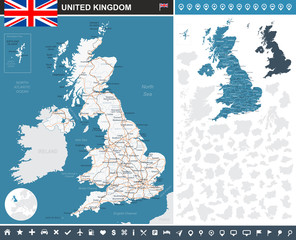 Wall Mural - United Kingdom infographic map. Highly detailed vector illustration. Image contains land contours, country and land names, city names, water objects, flag, navigation icons, roads, railways.