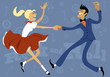 Cartoon couple dressed in 1950s fashion dancing rock and roll, vector illustration, no transparencies, EPS 8