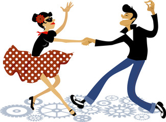 Wall Mural - Cartoon couple dressed in rockabilly style fashion, dancing rock and roll, vector illustration, no transparencies, EPS 8