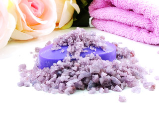 Wall Mural - sea salt spa and soap lavender scent on white background selective focus