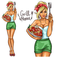 Pretty Woman Holding Meat Plate, Isolated