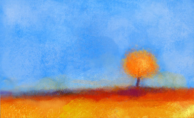 Abstract landscape, tree and field oil painting. Yellow,orange,red color and blue sky of falling season