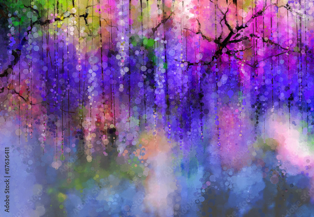 Abstract Violet color flowers. Watercolor painting. Spring purple flowers Wisteria in blossom with bokeh background - obrazy, fototapety, plakaty 