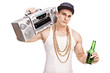 Rapper carrying a ghetto blaster and holding beer