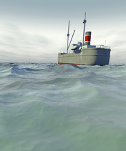 A High Quality 3D Render Of A Tramp Steamer Moving Across A Choppy Sea With An Overcast Sky. Ship Is Fictitious, Created And Modelled Entirely By Myself. Low Camera Angle To Emphasize The Rough Sea.