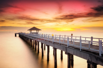 Wall Mural - Landscape of Wooded bridge in the port between sunrise