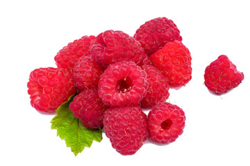 Raspberry fruit with leaf sprig, isolated over white background