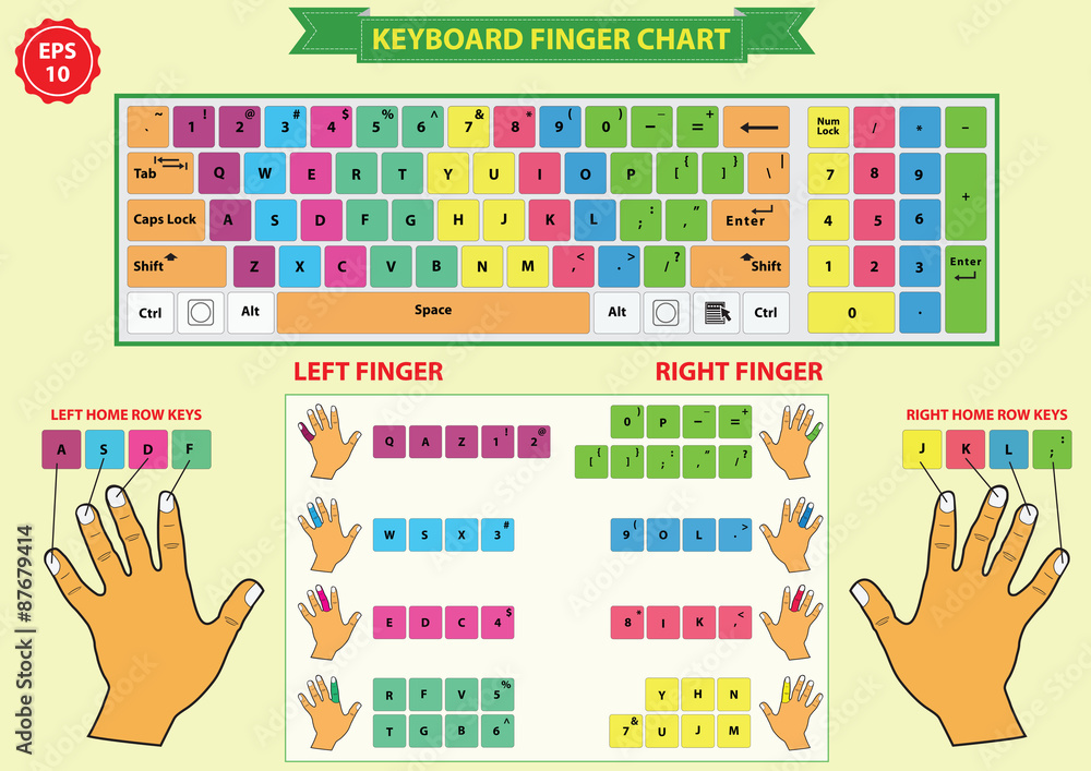 keyboard finger chart (left and right finger, include home row keys), for lessons, to improve or Learn How to Type Faster.
